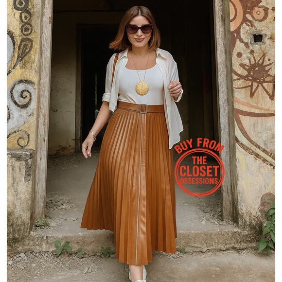 ZARA High-Waisted Whiskey Brown Pleated Midi Skirt NWT - Picture 2 of 16